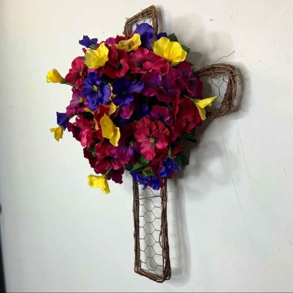 Easter Spring Floral Cross Wreath Pansy Door Decor